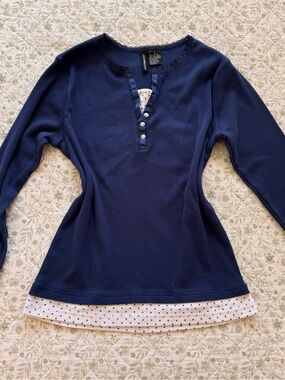 Y2k blue henley long sleeve top with polka dot trim and lace neckline